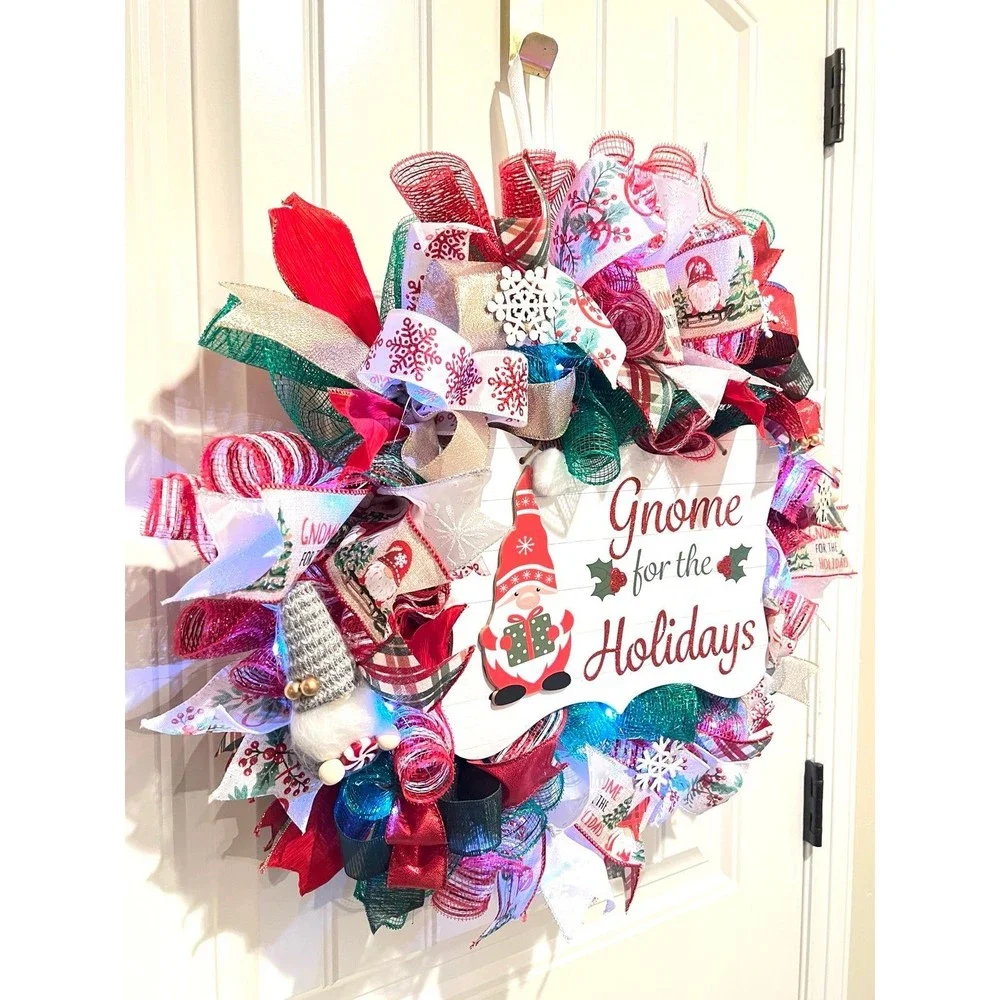 Handmade Christmas Gnome for the Holidays Ribbon Door Wreath 22 ins LED W37